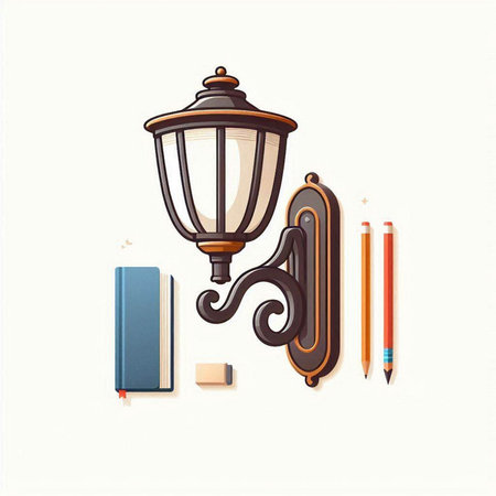 Illustration of a lamp, books and pencils on a white backgroundのイラスト素材