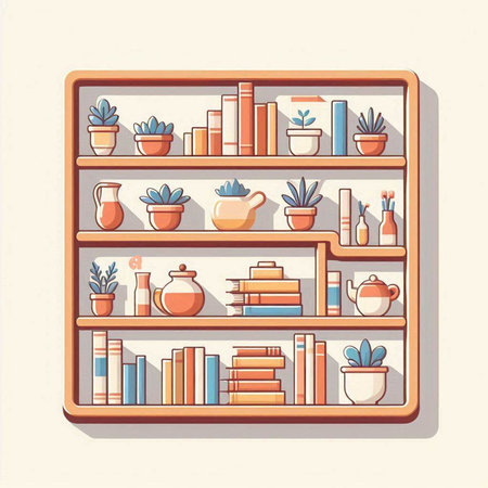 Bookshelf with books, vases and plants. Vector illustration.のイラスト素材