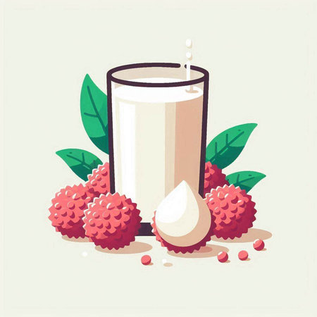 Lychee milk in a glass and ripe lychees. Vector illustration.のイラスト素材
