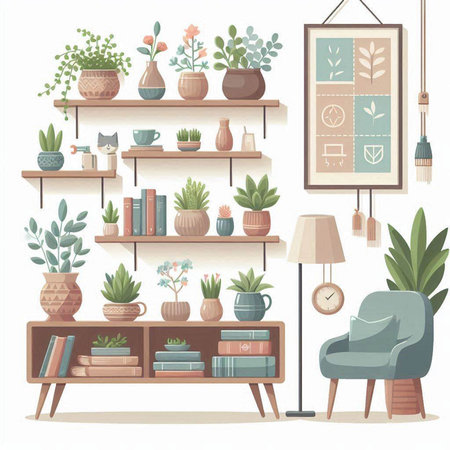 Vector illustration of cozy living room interior with bookshelf, armchair, plants in pots and shelves. Flat style design.のイラスト素材