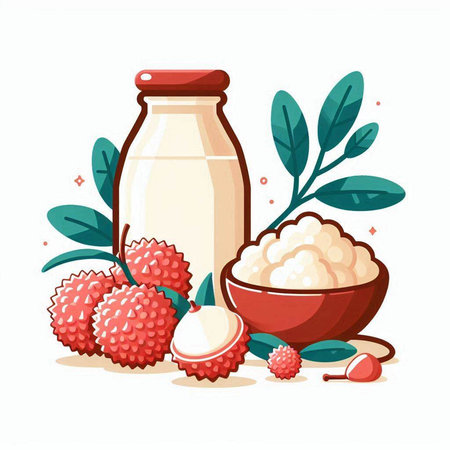 Lychee and milk in a glass bottle. Vector illustration.のイラスト素材