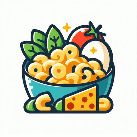 Bowl of pasta with tomato, cheese and basil. Vector illustration.のイラスト素材