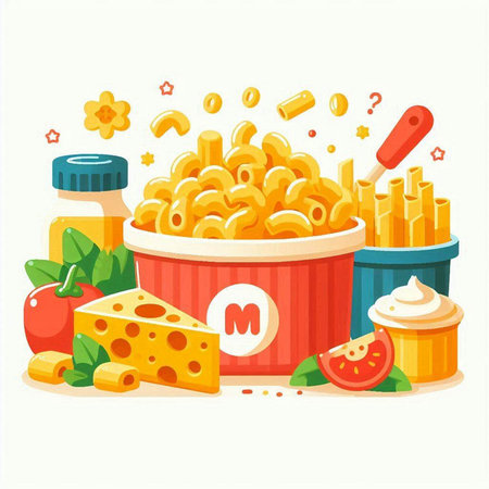 Vector illustration of a bowl with macaroni, cheese, tomato, dairy productsのイラスト素材