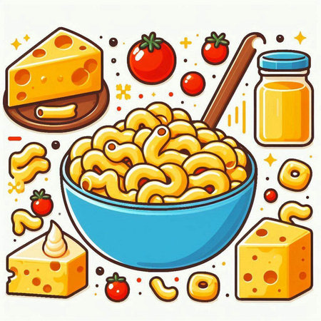 Illustration of a bowl of macaroni with cheese, tomatoes and honeyのイラスト素材