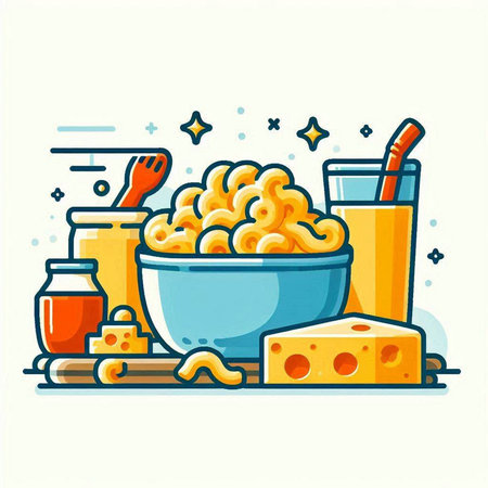 Vector illustration of a bowl of macaroni and cheese with a glass of juice.のイラスト素材