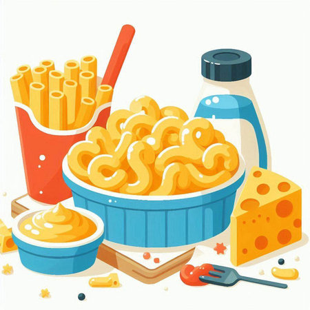 Illustration of a bowl of macaroni with cheese and sauceのイラスト素材