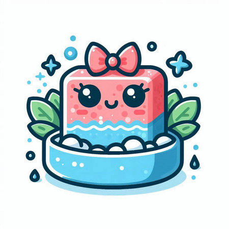 Cute hand drawn vector illustration of a piece of cake with a pink bow.のイラスト素材