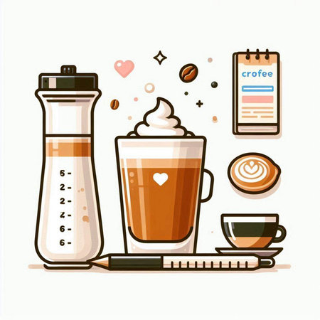 Coffee set. Cup of coffee with whipped cream, coffee grinder, coffee beans, mocha, latte art. Vector illustrationのイラスト素材