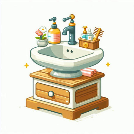 Bathroom interior vector illustration. Washbasin, washbasin, soap dispenser, shampoo, shower gel, towel, sponge, toilet paper and other items.のイラスト素材