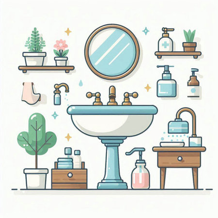 Bathroom interior design elements. Vector illustration in flat style.のイラスト素材