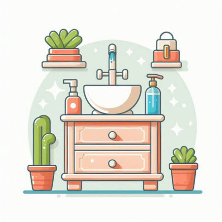 Bathroom interior. Vector illustration in flat design style. Washbasin, sink, faucet, towel dispenser and cactus.のイラスト素材
