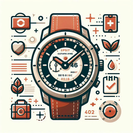 Wristwatch in flat line style with icons and symbols. Vector illustration.のイラスト素材