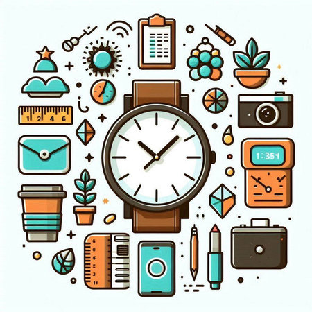 Vector line art illustration of time management. Time management concept with clock, notebook, pen, camera, coffee cup, plant, calculator and other elements.のイラスト素材