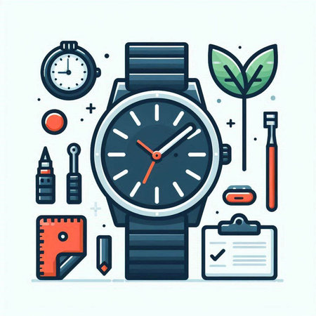 Wristwatch and stationery in flat line style. Vector illustration.のイラスト素材