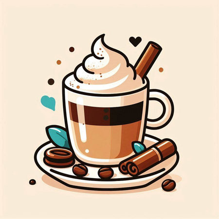 Coffee cup with whipped cream and cinnamon. Vector illustration.のイラスト素材