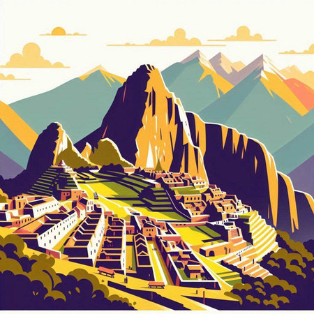 Landscape of mountains and town in retro style. Vector illustration.のイラスト素材