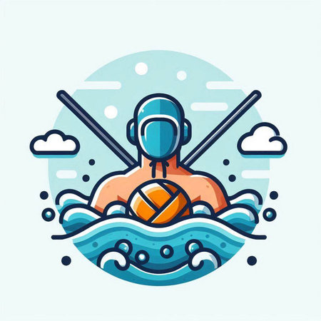 Water polo player with ball in water. Vector flat illustration.のイラスト素材