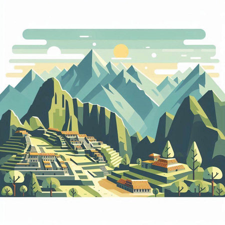 Mountains and village, vector illustration. Landscape with mountains.のイラスト素材