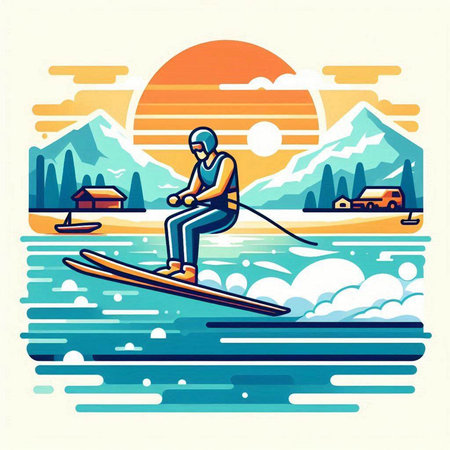 Skiing on the lake. Vector illustration. Flat style.のイラスト素材