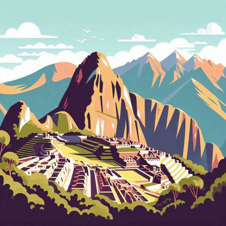 Landscape with mountains and river. Vector illustration in retro style.のイラスト素材