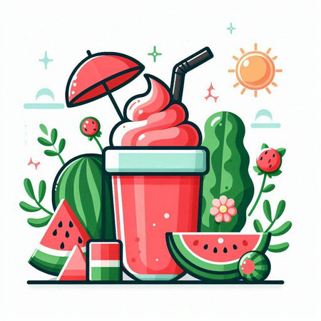 Fresh watermelon smoothie with ice cream. Vector illustration in flat styleのイラスト素材