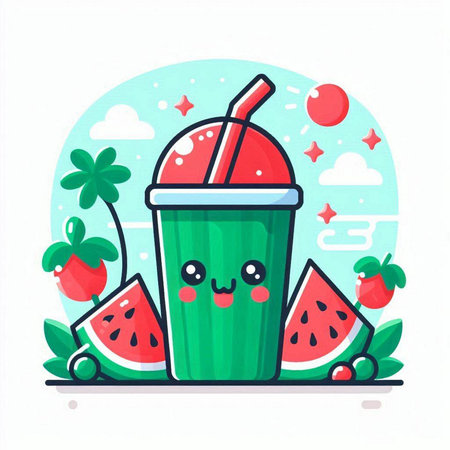 Funny cartoon watermelon smoothie with a straw. Vector illustration.のイラスト素材