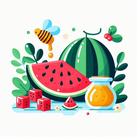 Watermelon, honey, dice and honeycombs. Vector illustrationのイラスト素材