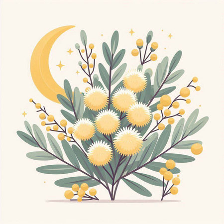 Bouquet of mimosa flowers with moon and stars. Vector illustration.のイラスト素材