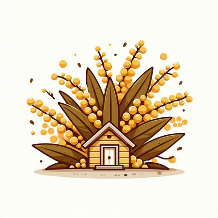 Vector illustration of a house with yellow flowers isolated on white background.のイラスト素材