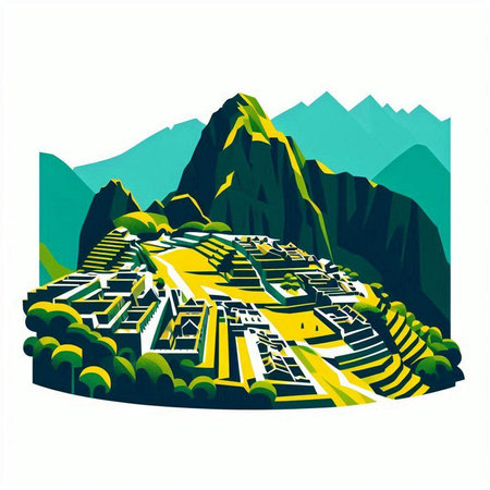 Vector illustration of a mountain landscape with a road and a city.のイラスト素材