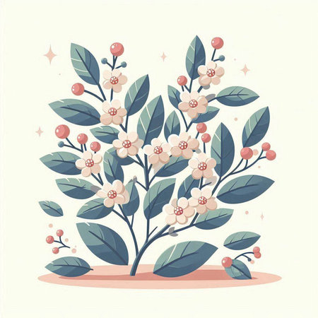 Flowering branch with leaves and berries. Vector illustration in retro style.のイラスト素材