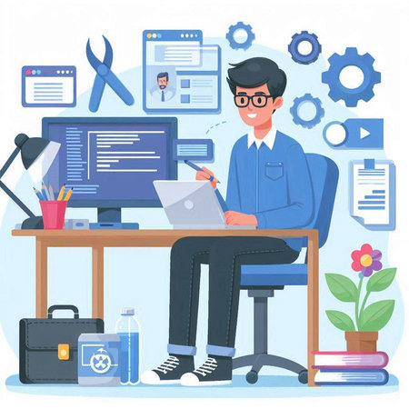 Programmer working at his desk in the office. Vector flat illustrationのイラスト素材