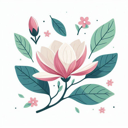 Magnolia flower with leaves and flowers. Hand drawn vector illustration.のイラスト素材