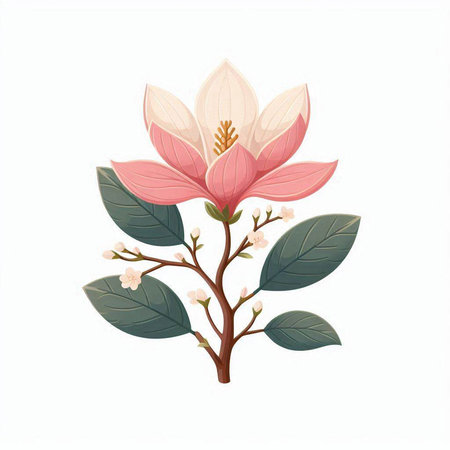 Magnolia flower isolated on white background. Vector illustration in cartoon style.のイラスト素材
