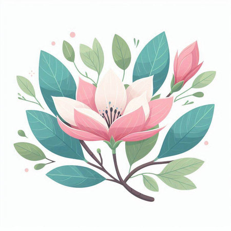 Magnolia flowers with leaves. Vector illustration isolated on white background.のイラスト素材