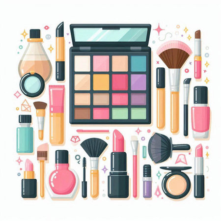 Cosmetics and makeup products. Vector illustration in flat cartoon style.のイラスト素材