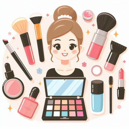 Beautiful woman with make-up products. Vector illustration of a girl with cosmetics.のイラスト素材