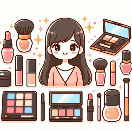 Illustration of a cute girl with cosmetics and make-up setのイラスト素材