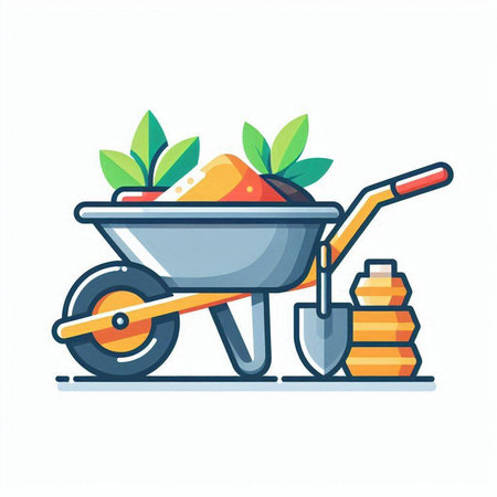 Garden wheelbarrow with soil and shovel. Flat vector illustration.のイラスト素材