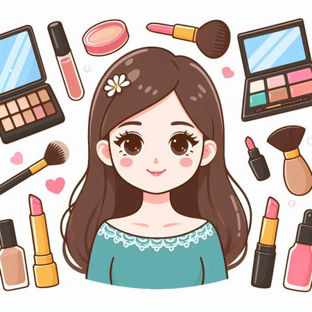 Illustration of cute little girl with cosmetics and eyeshadow.のイラスト素材