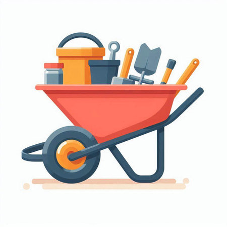 Cart with construction tools. Vector illustration in cartoon style on white background.のイラスト素材