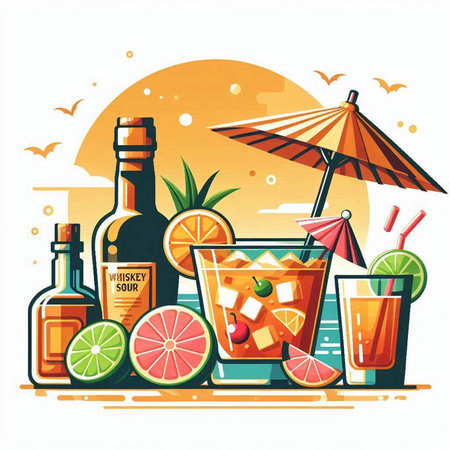 Cocktails on the beach. Vector illustration. Flat design.のイラスト素材