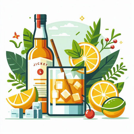 Alcoholic cocktail with ice, lemon and lime. Vector illustrationのイラスト素材