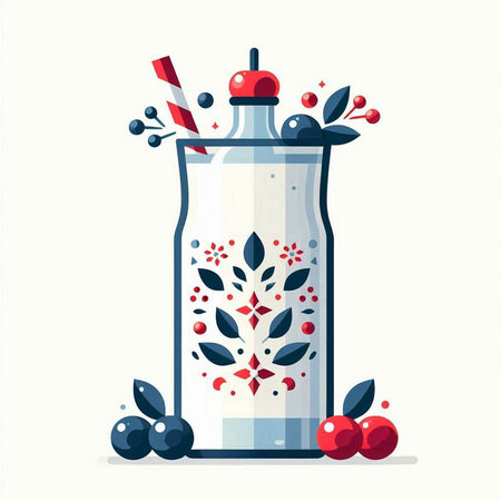 Bottle of milk with berries and cherries. Vector illustration.のイラスト素材
