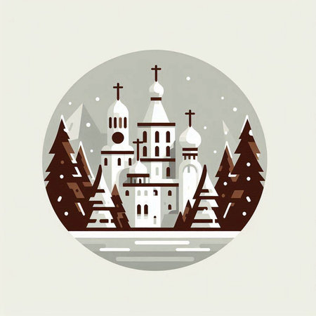Christmas card with the image of the Orthodox Church in the forest. Vector illustration.のイラスト素材
