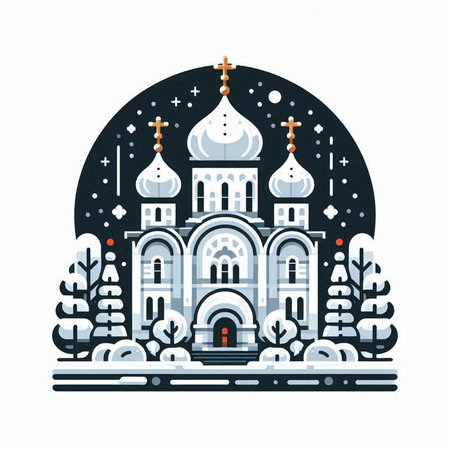 Orthodox church in winter. Christmas and New Year vector illustration.のイラスト素材