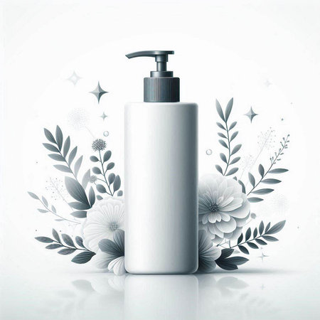 White cosmetic bottle with floral decoration on white background. 3D illustrationのイラスト素材
