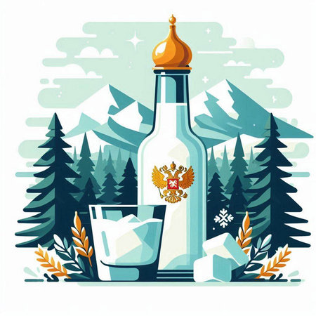 Vector illustration of a bottle of vodka with a glass of ice in the mountains.のイラスト素材