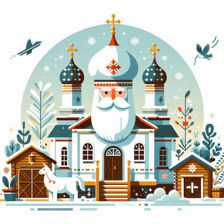Christmas and New Year greeting card with Santa Claus and wooden houses. Vector illustration.のイラスト素材