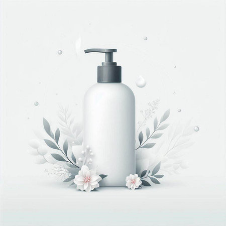 White cosmetic bottle on white background with floral elements. Vector illustration.のイラスト素材